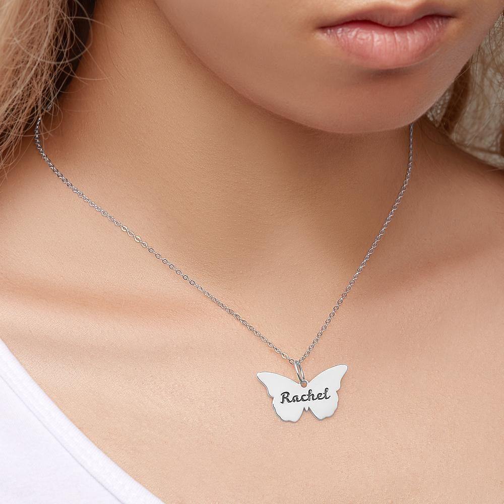 Butterfly Engraved Necklace Name Necklace Unique Gift for Mom Silver - soufeelus