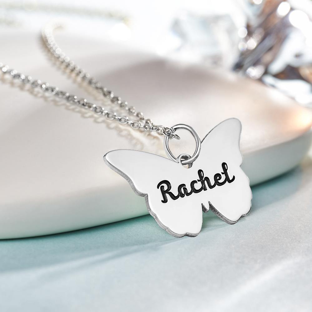 Butterfly Engraved Necklace Name Necklace Unique Gift for Mom Silver - soufeelus