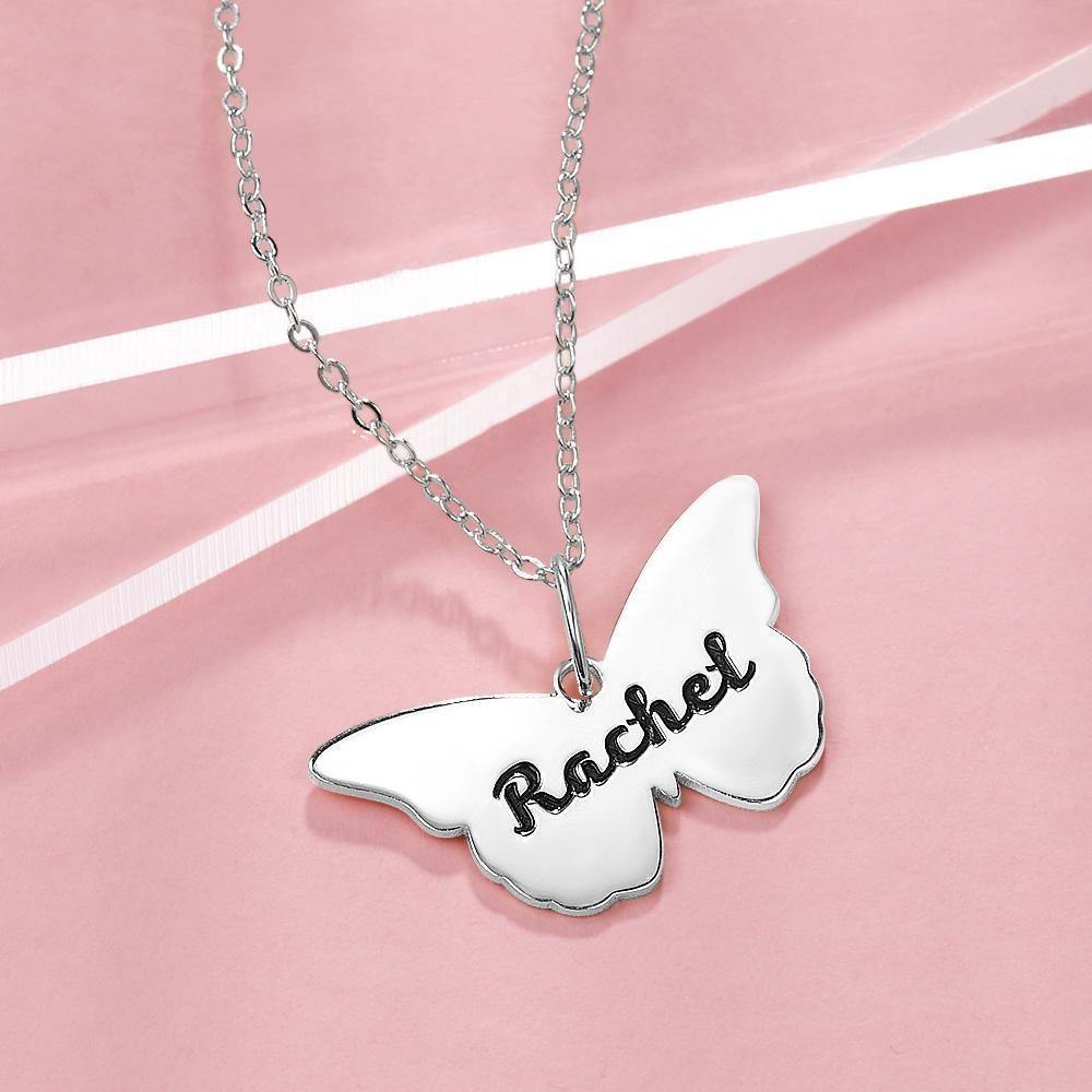 Butterfly Engraved Necklace Name Necklace Unique Gift for Mom Silver - soufeelus