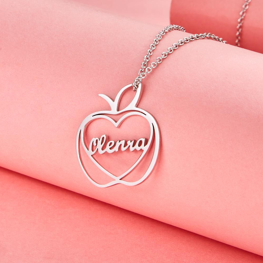 Custom Engraved Apple Name Necklace Stamped Jewelry with Apple Charm