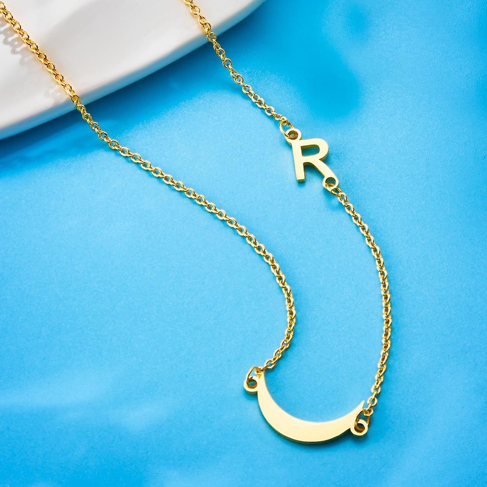 Custom Engraved Moon Initial Necklace Moon Pendant Moon Jewelry
