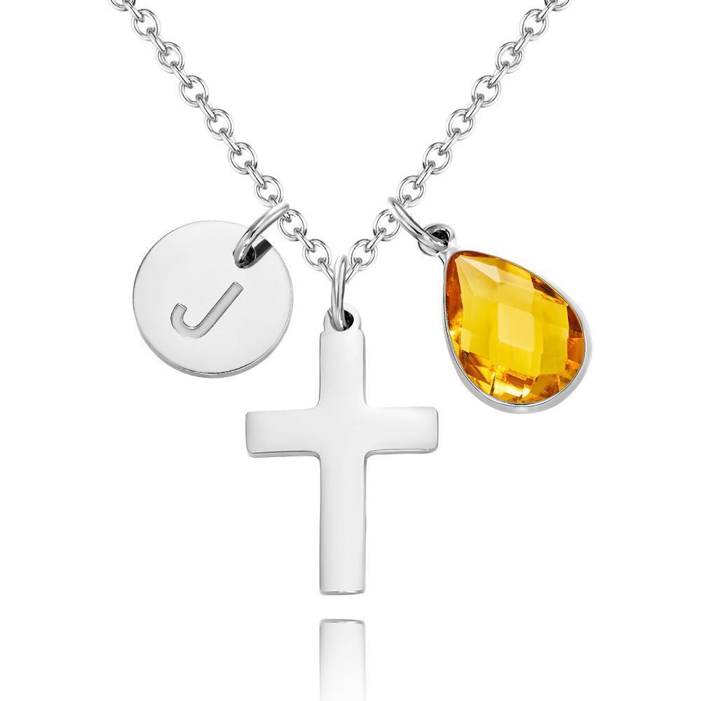 Custom Engraved Initial Cross Necklace Crucifix Pendant Initial and Birthstone Faith Necklace