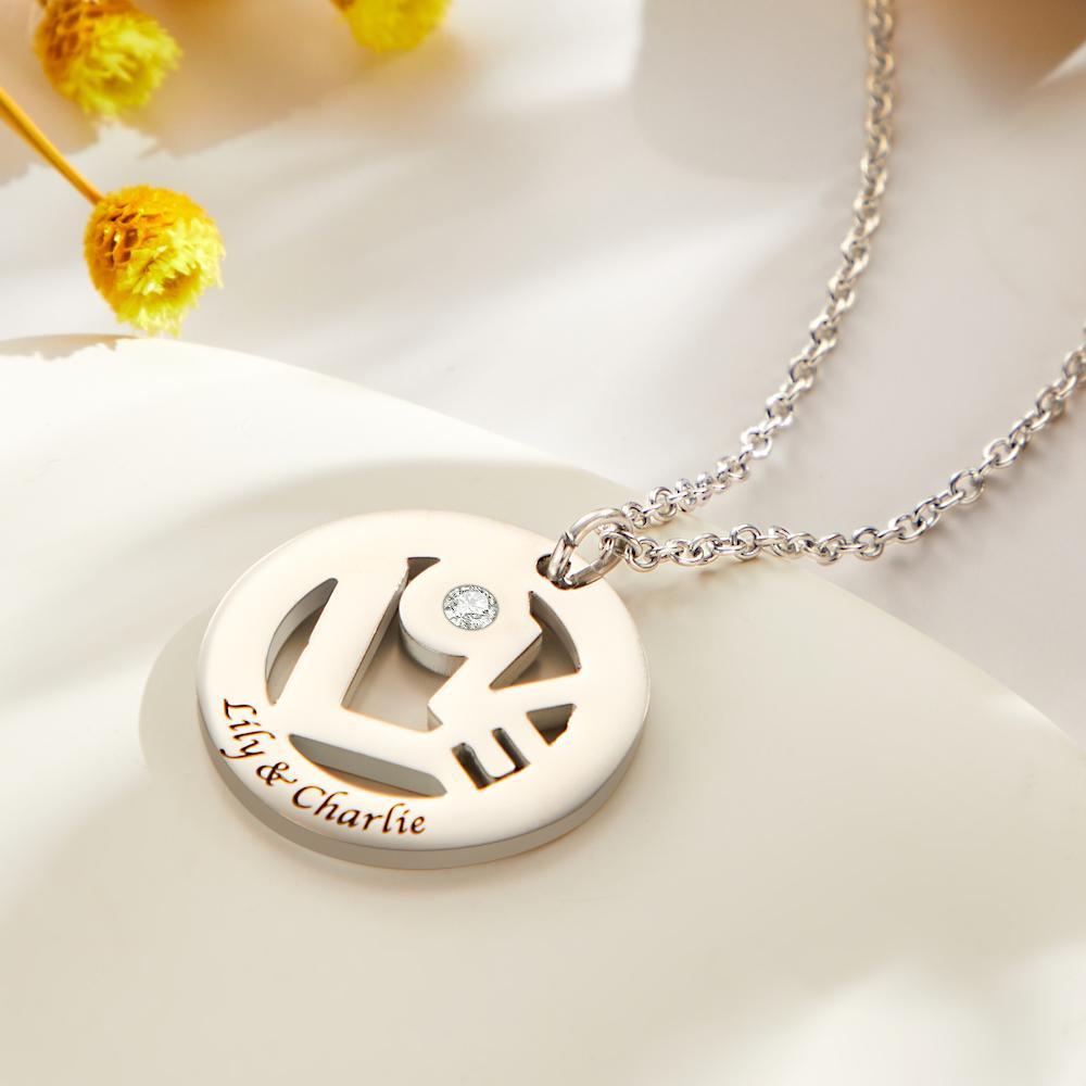 Custom Engraved Birthstone Necklace "LOVE" Round Hollow Unique Gifts - 