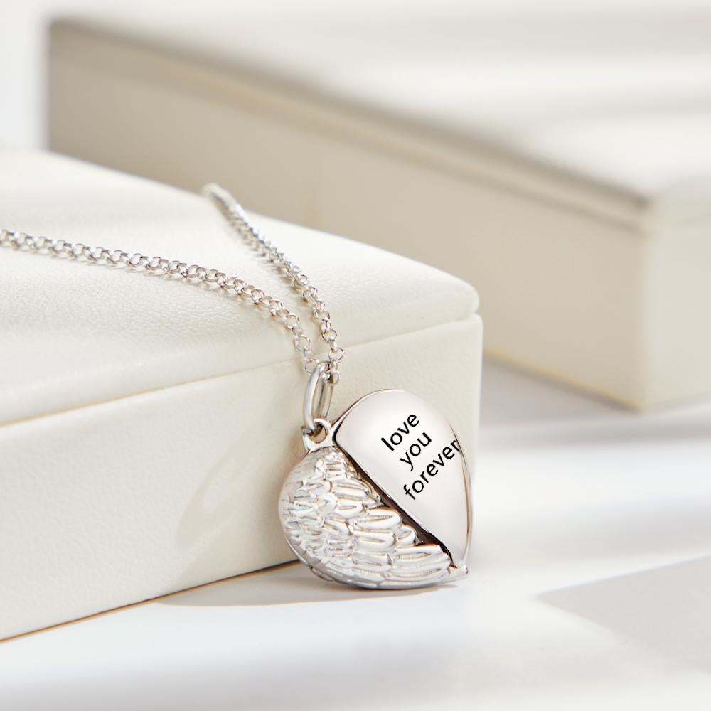 Custom Engraved Photo Necklace Heart-shaped Flip Angel Wings Gifts for Couples -