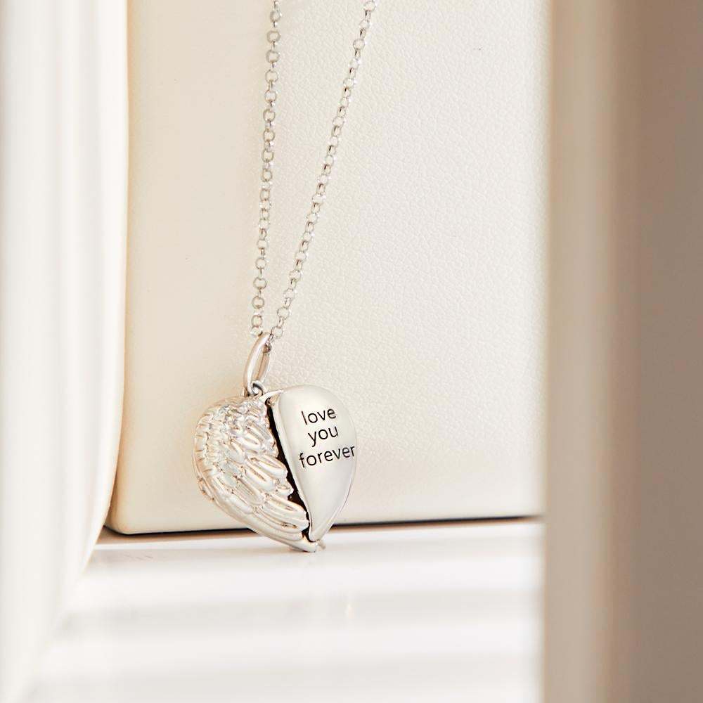 Custom Engraved Photo Necklace Heart-shaped Flip Angel Wings Gifts for Couples -
