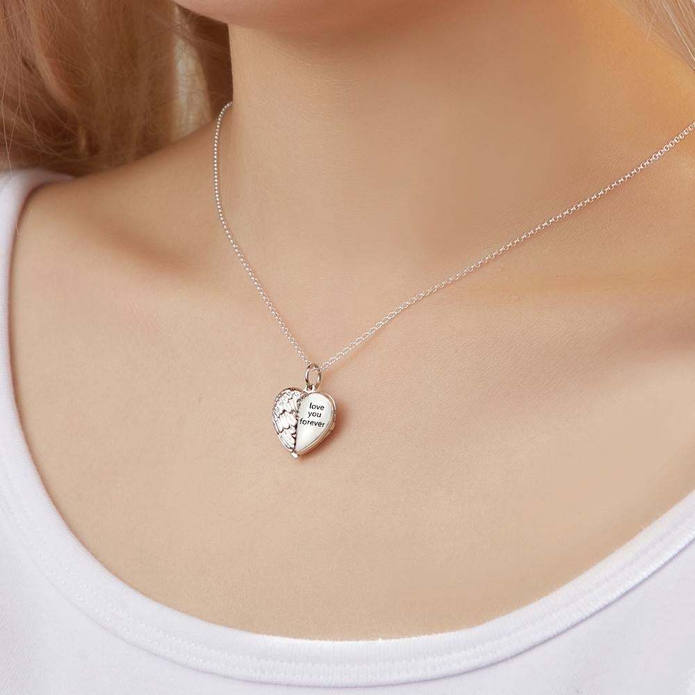 Custom Engraved Photo Necklace Heart-shaped Flip Angel Wings Gifts for Couples -