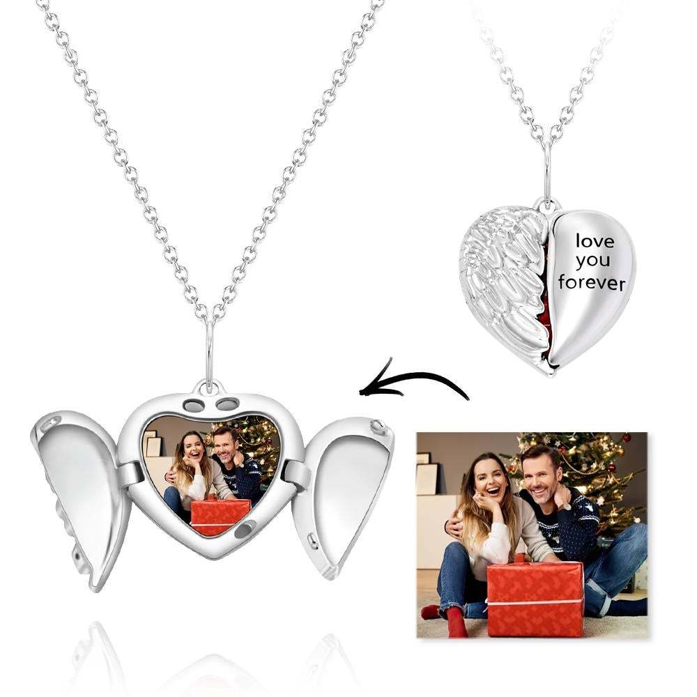 Custom Engraved Photo Necklace Heart-shaped Flip Angel Wings Gifts for Couples -