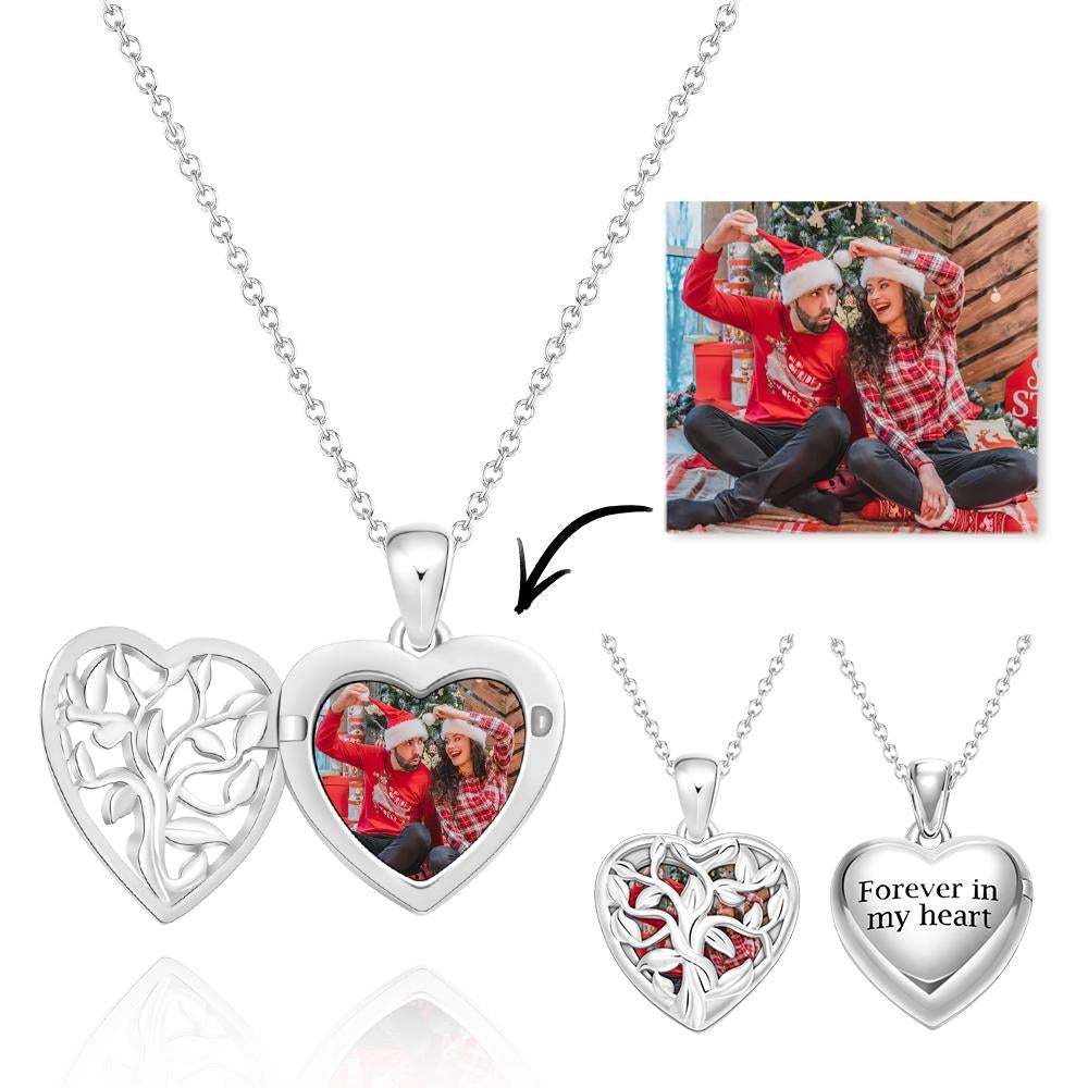 Custom Photo Engraved Necklace Heart-shaped Tree Trunk Hollowed Out Couple Gifts - 