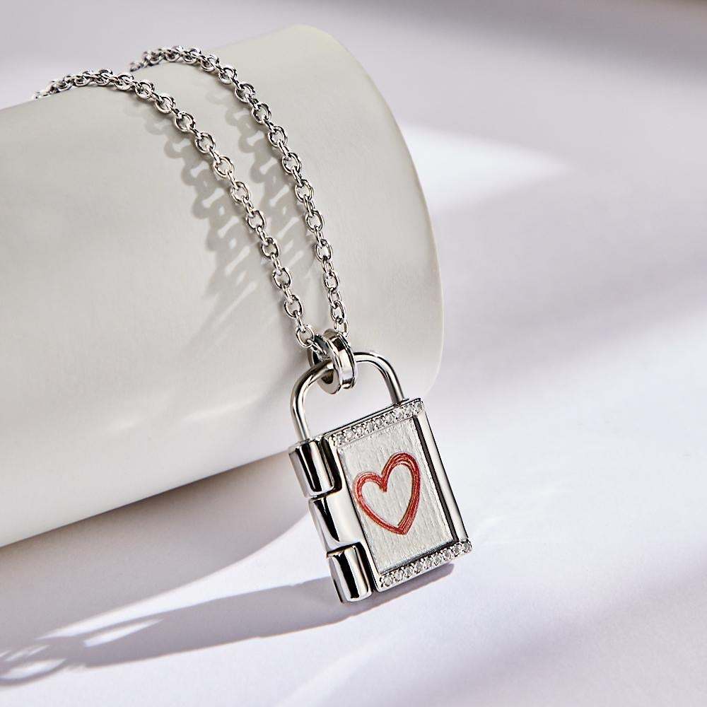 Custom Photo Engraved Print Frame Padlock Necklace Gift to Her -