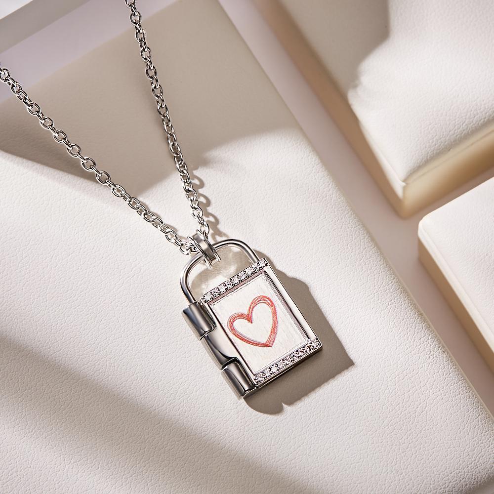 Custom Photo Engraved Print Frame Padlock Necklace Gift to Her - 