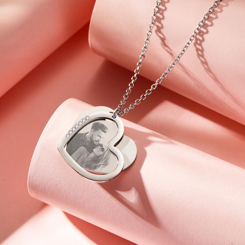 Custom Photo Engraved Necklace Double Layer Heart Shape Gifts - soufeelus