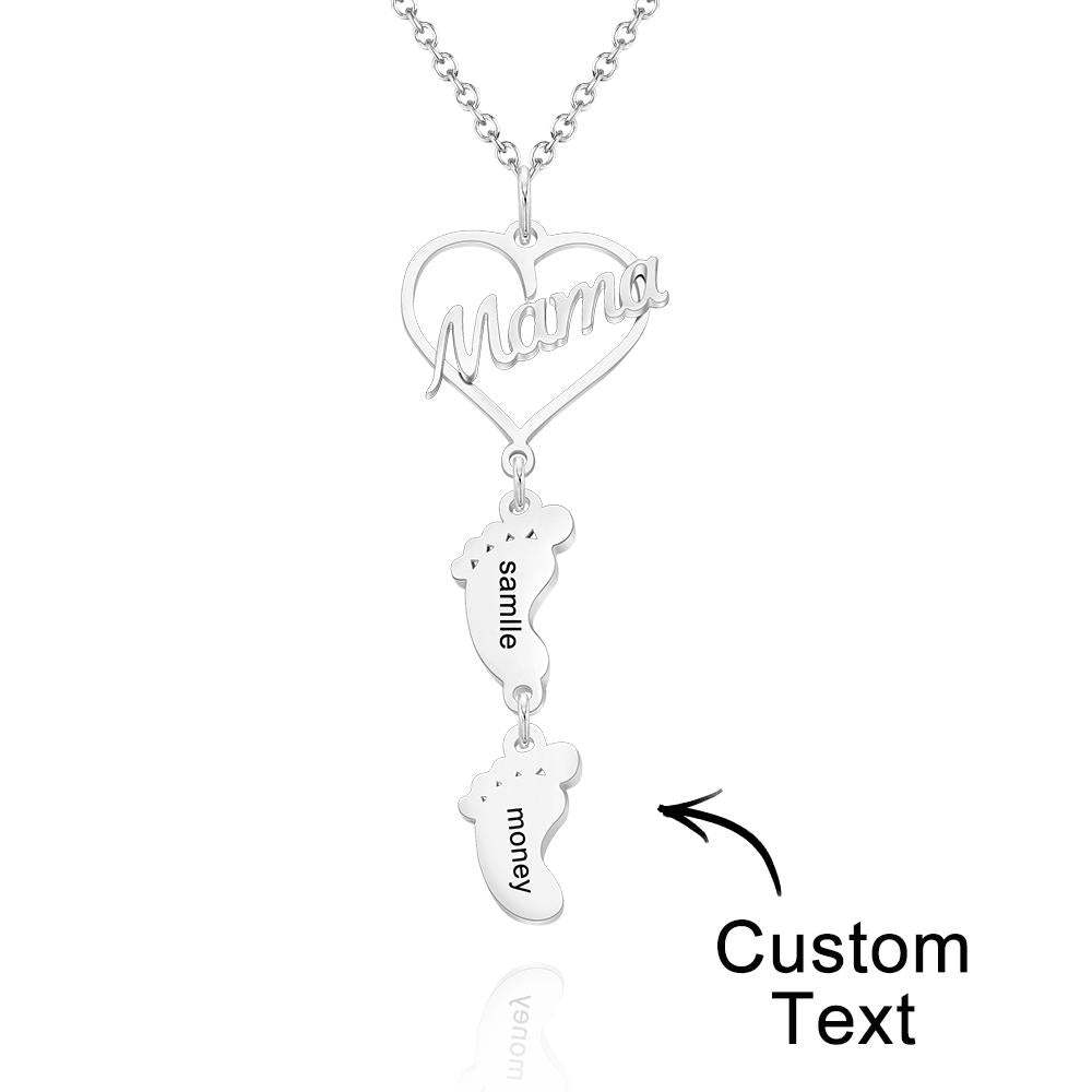 Custom Engraved Name Necklace Love MaMa Heart Baby Feet Charm - soufeelus
