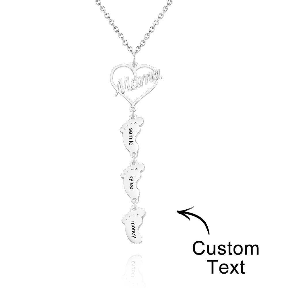Custom Engraved Name Necklace Love MaMa Heart Baby Feet Charm - soufeelus