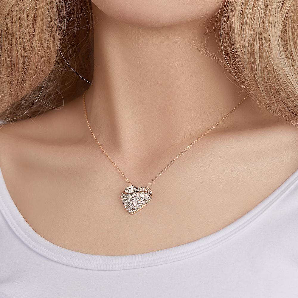 Custom Engraved Openable Message Necklace Heart Shaped Rhinestone Necklace - soufeelus