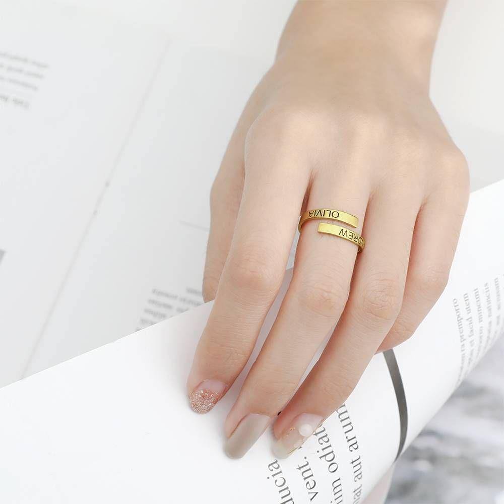 Custom Name Ring, Engraved Two Name Ring 14K Gold Plated - Golden - soufeelus