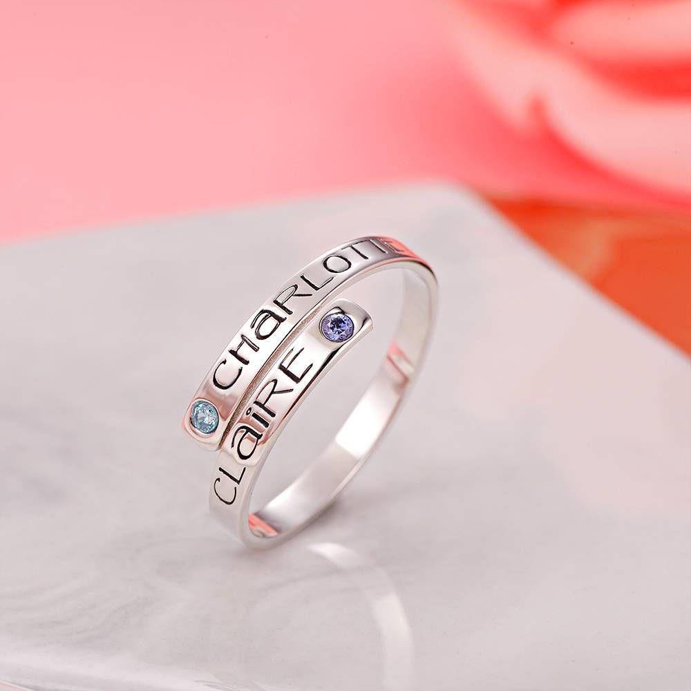 Personalised Birthstone Wrap Ring, Engraved Ring Couple's Gift Platinum Plated - soufeelus