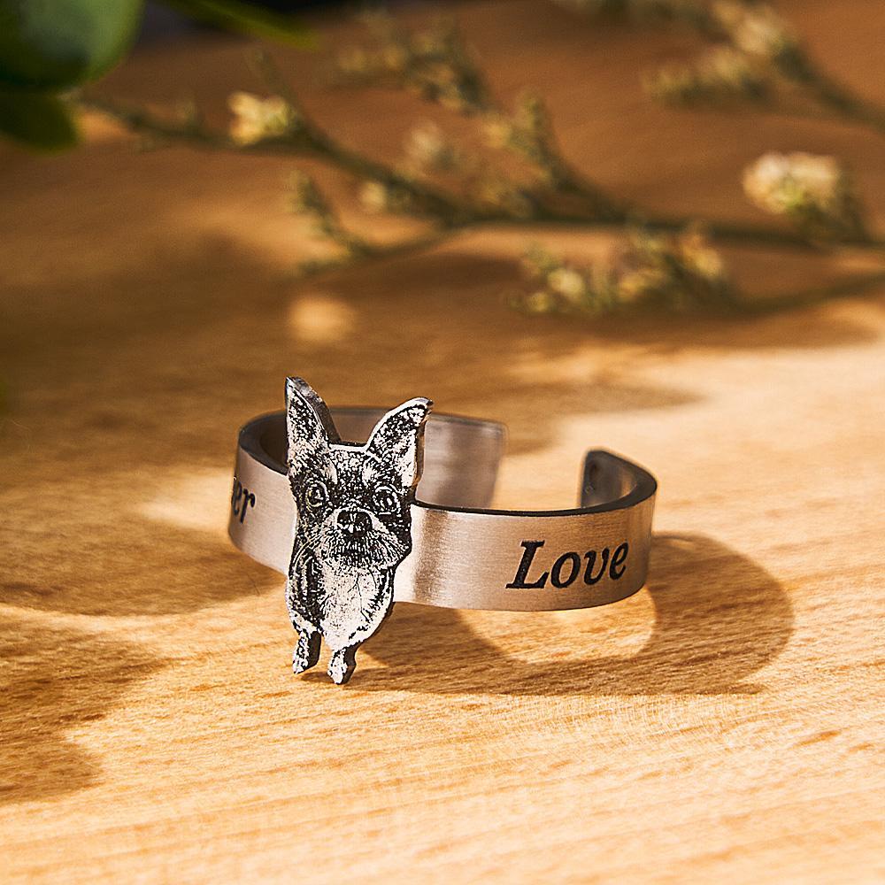 Personalized Pet Photo Ring for Women Men DIY Stainless Steel Engraved Kitten and Puppy Photo Open Ring Gift for Pet Lover - soufeelus