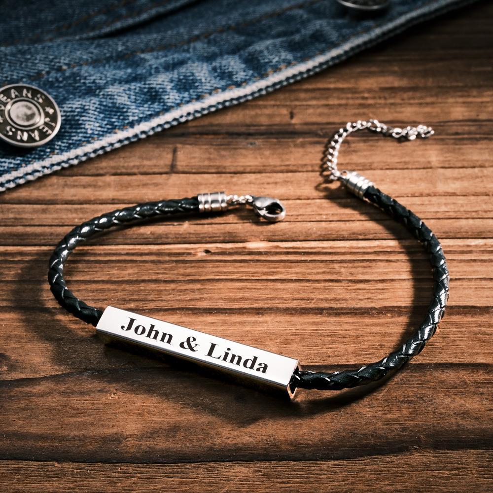 Custom Made Men's Leather Bracelet with Stainless Steel Engraved Bar Personalized ID Bracelet Gift for Him Men Dad Boyfriend Husband - soufeelus
