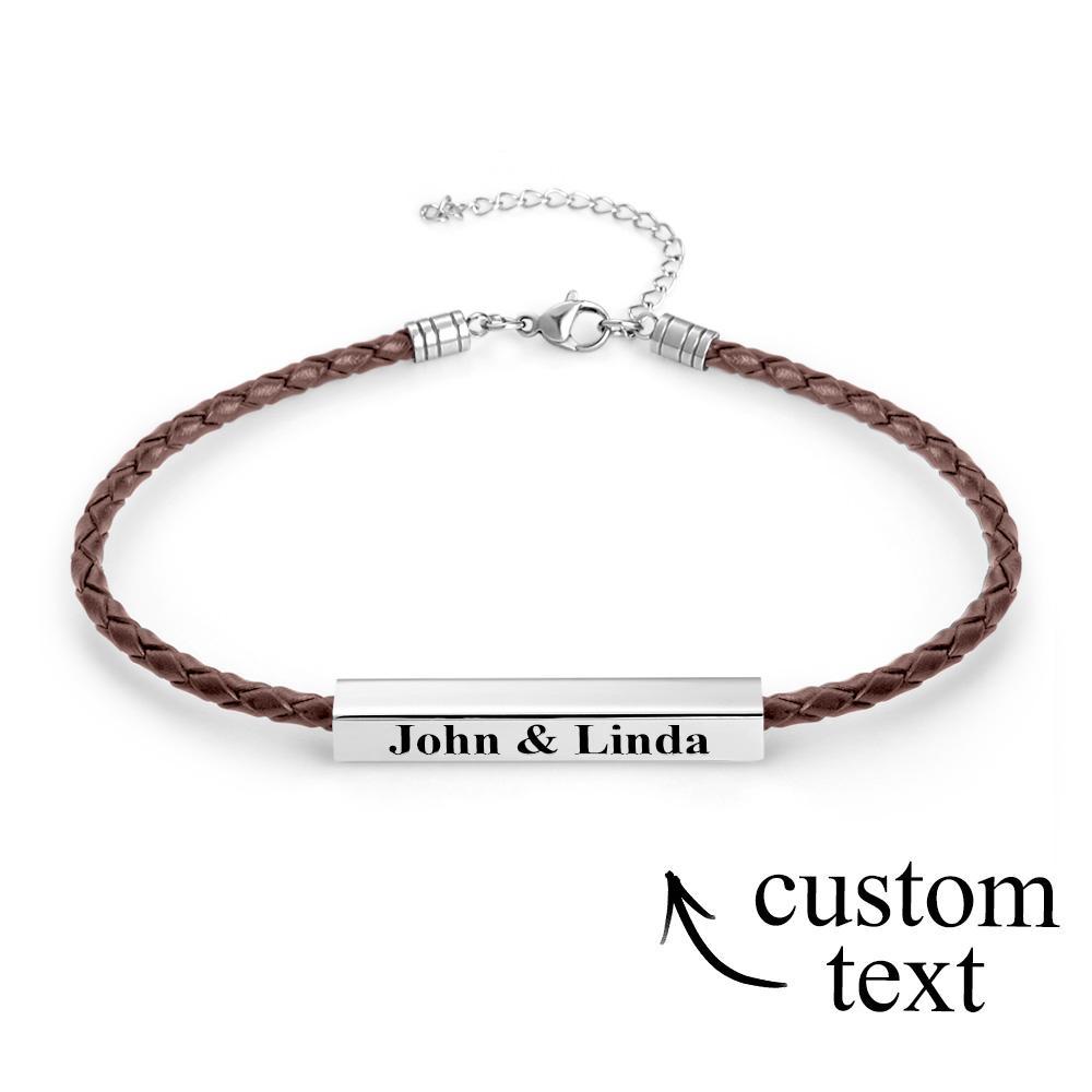 Custom Made Men's Leather Bracelet with Stainless Steel Engraved Bar Personalized ID Bracelet Gift for Him Men Dad Boyfriend Husband - soufeelus