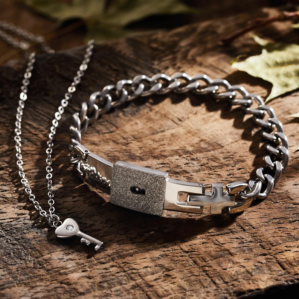 Custom Engraved Lock Bangle Bracelets and Key Pendant Necklace Set for Couples