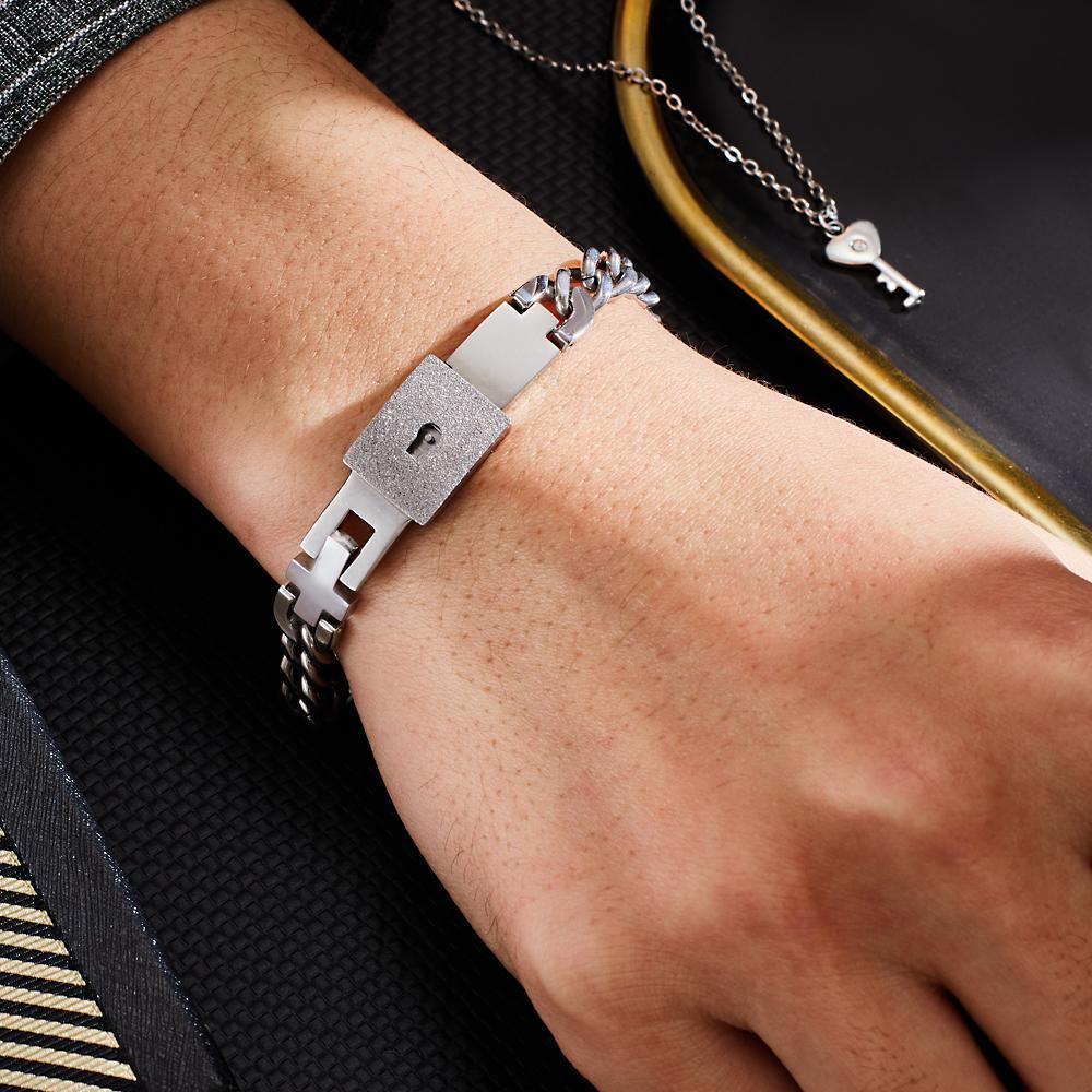 Custom Engraved Lock Bangle Bracelets and Key Pendant Necklace Set for Couples
