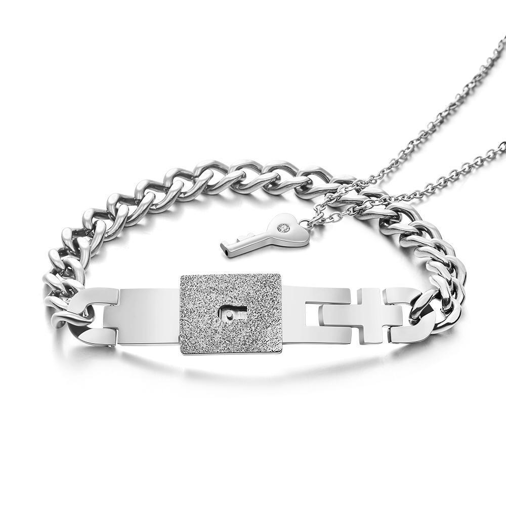 Custom Engraved Lock Bangle Bracelets and Key Pendant Necklace Set for Couples