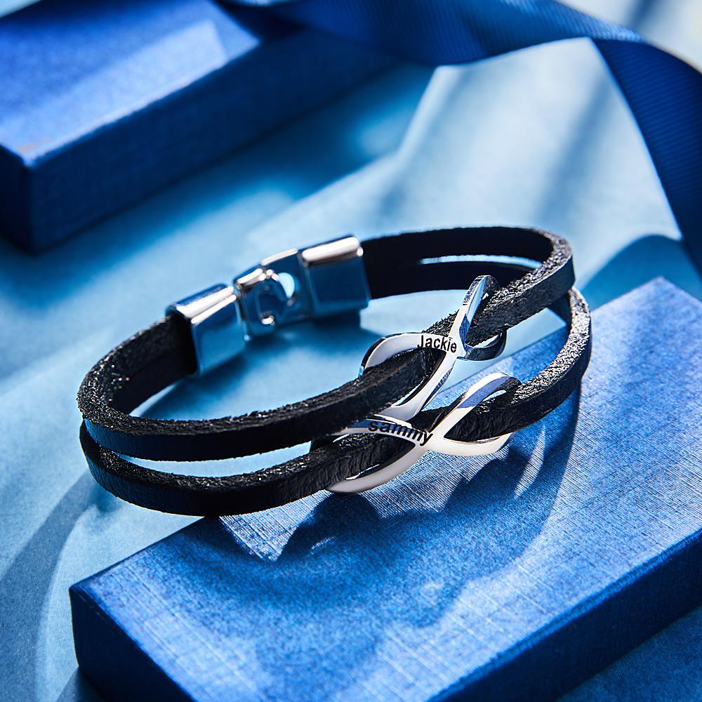 Custom Engraved Bracelet Infinity Symbol Leather Men's Gifts -