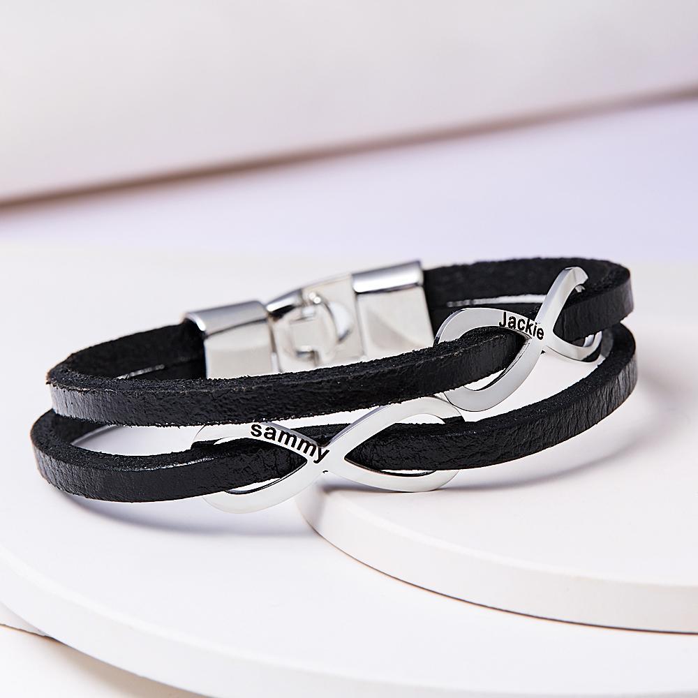 Custom Engraved Bracelet Infinity Symbol Leather Men's Gifts - 