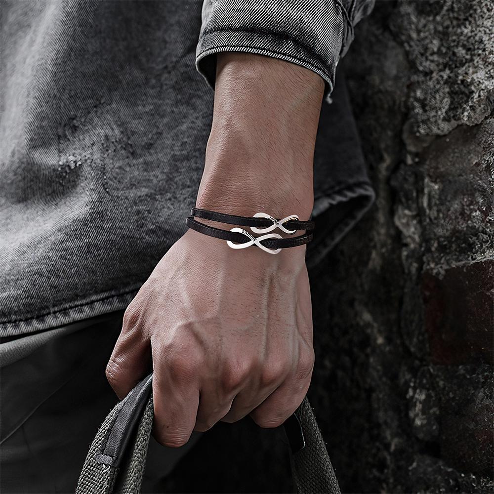 Custom Engraved Bracelet Infinity Symbol Leather Men's Gifts -