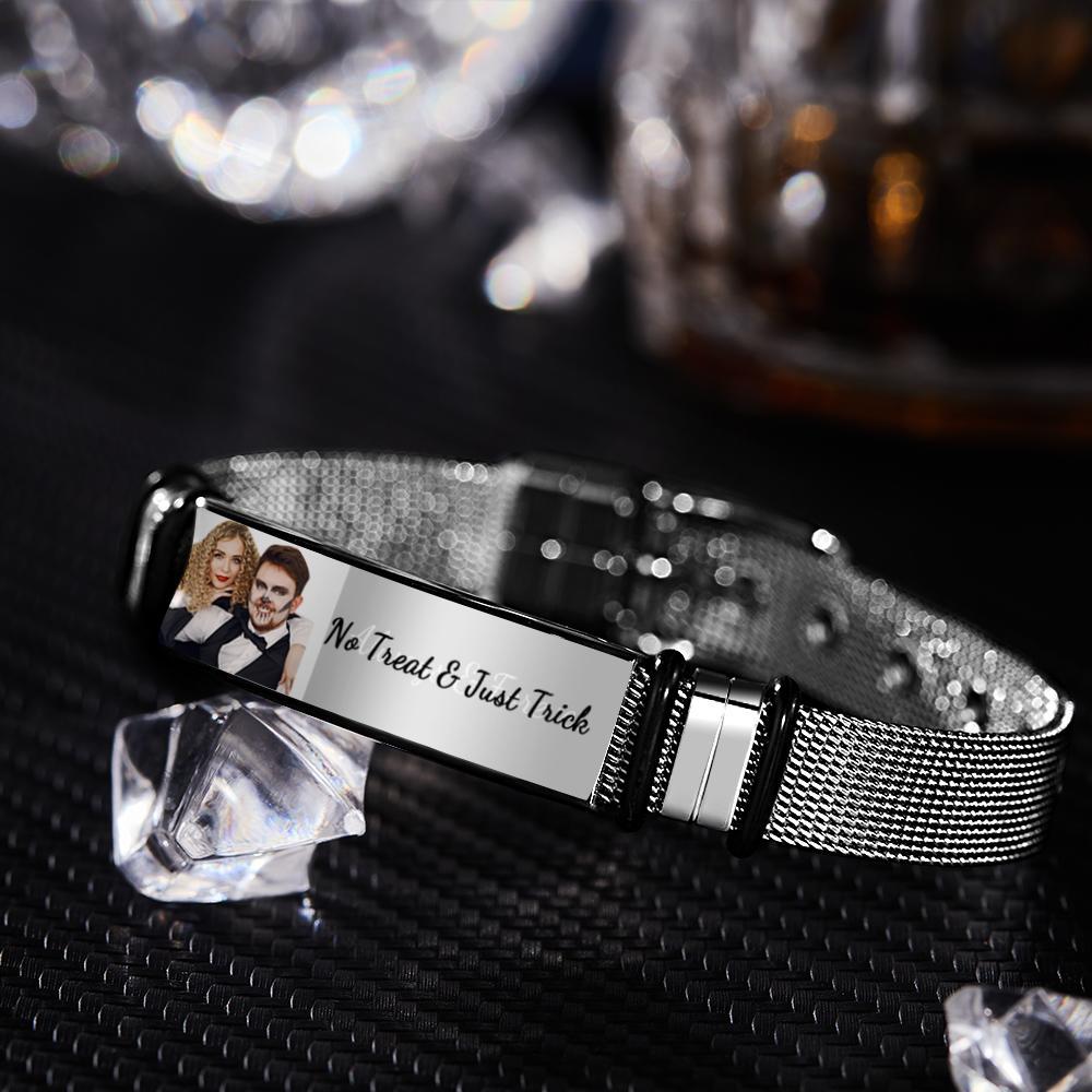 Custom Photo And Engraved Stainless Steel Bracelet Gift For Couples Halloween Gifts - soufeelus