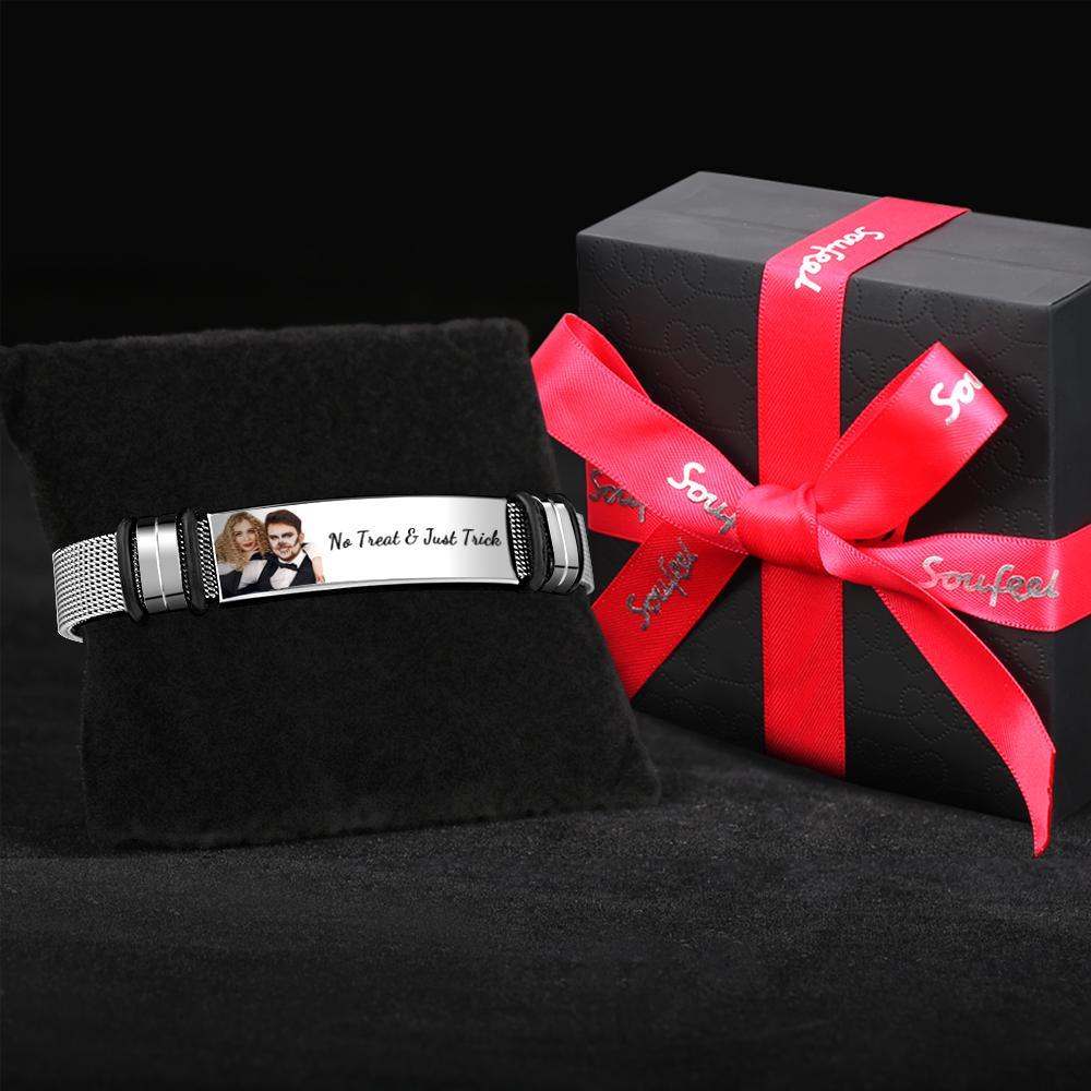 Custom Photo And Engraved Stainless Steel Bracelet Gift For Couples Halloween Gifts - soufeelus