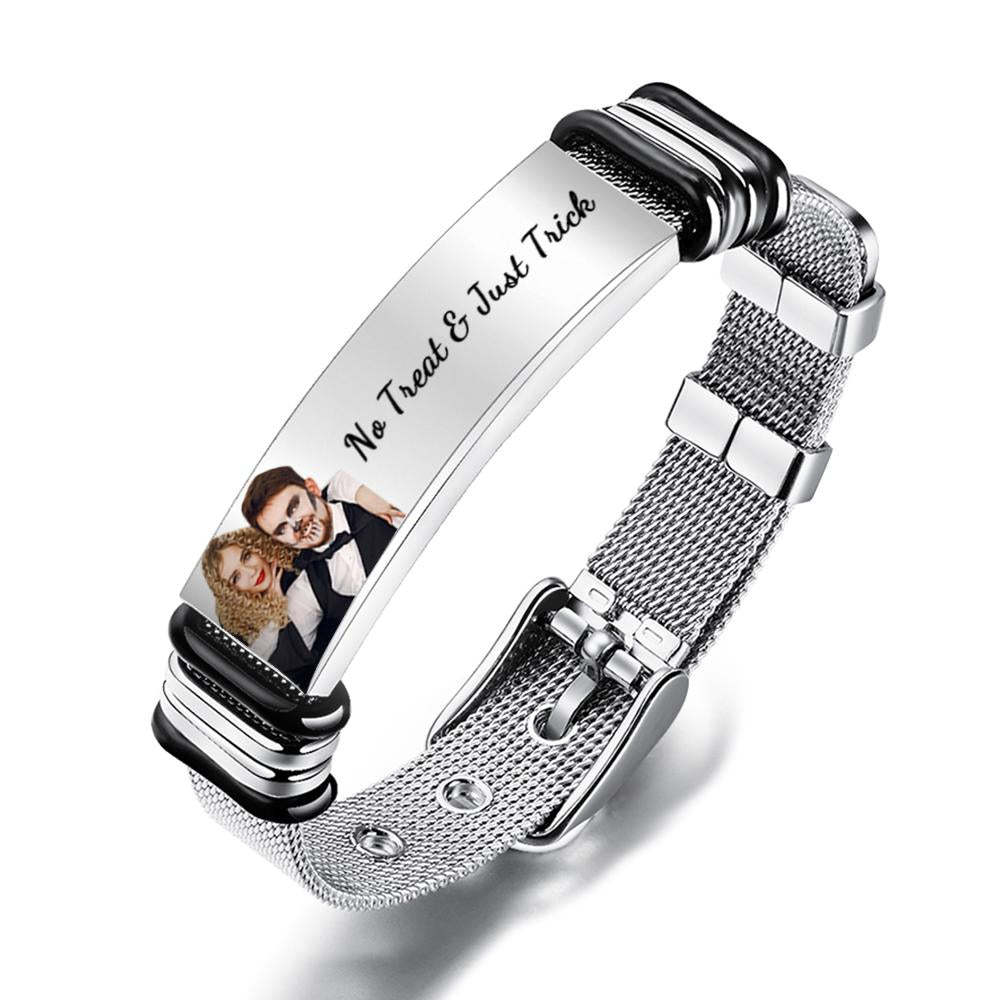 Custom Photo And Engraved Stainless Steel Bracelet Gift For Couples Halloween Gifts - soufeelus