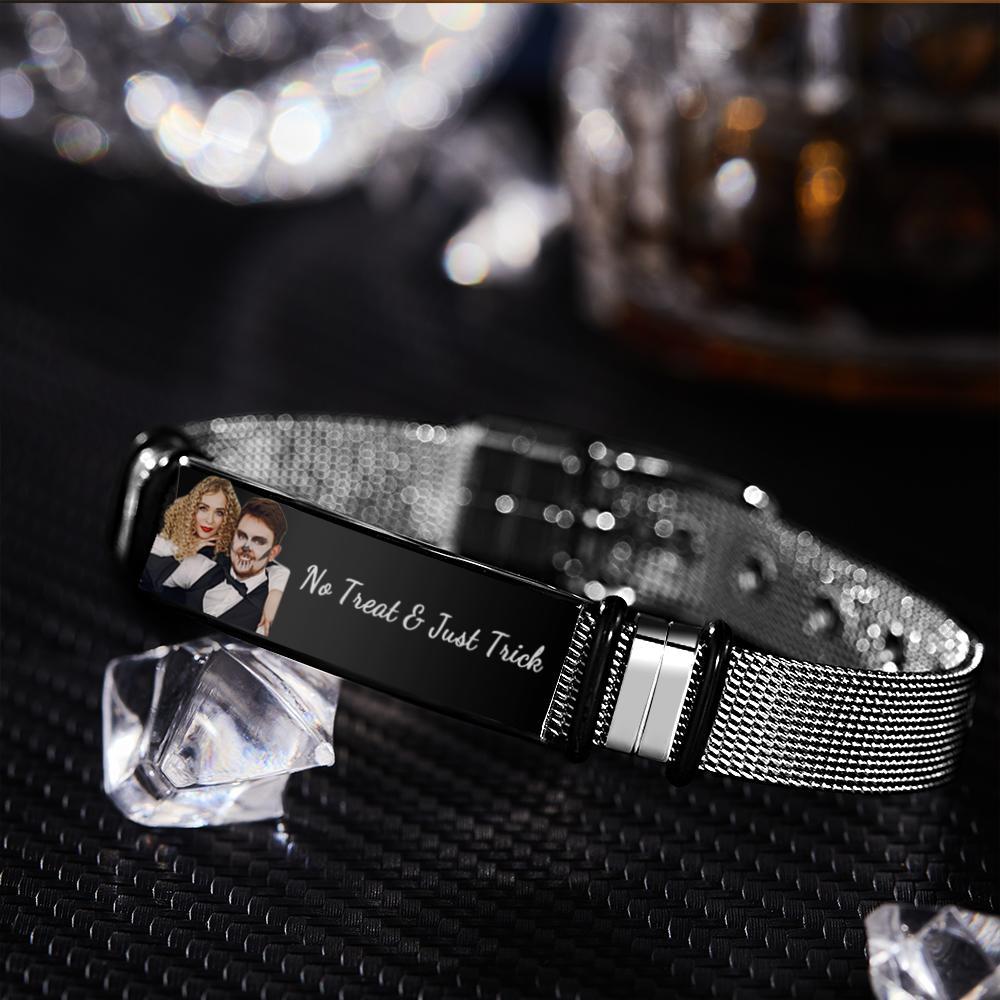 Custom Photo And Engraved Stainless Steel Bracelet Gift For Couples Halloween Gifts - soufeelus