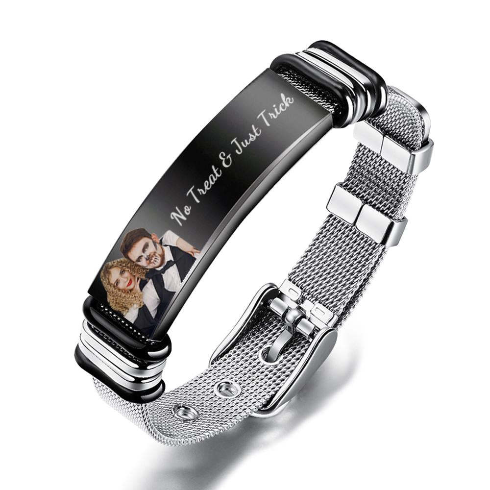 Custom Photo And Engraved Stainless Steel Bracelet Gift For Couples Halloween Gifts - soufeelus