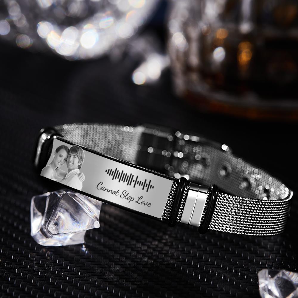 Customized Optional Photo Engraved Music Code Stainless Steel Bracelet Best Gifts For Men Gifts For Couples - soufeelus