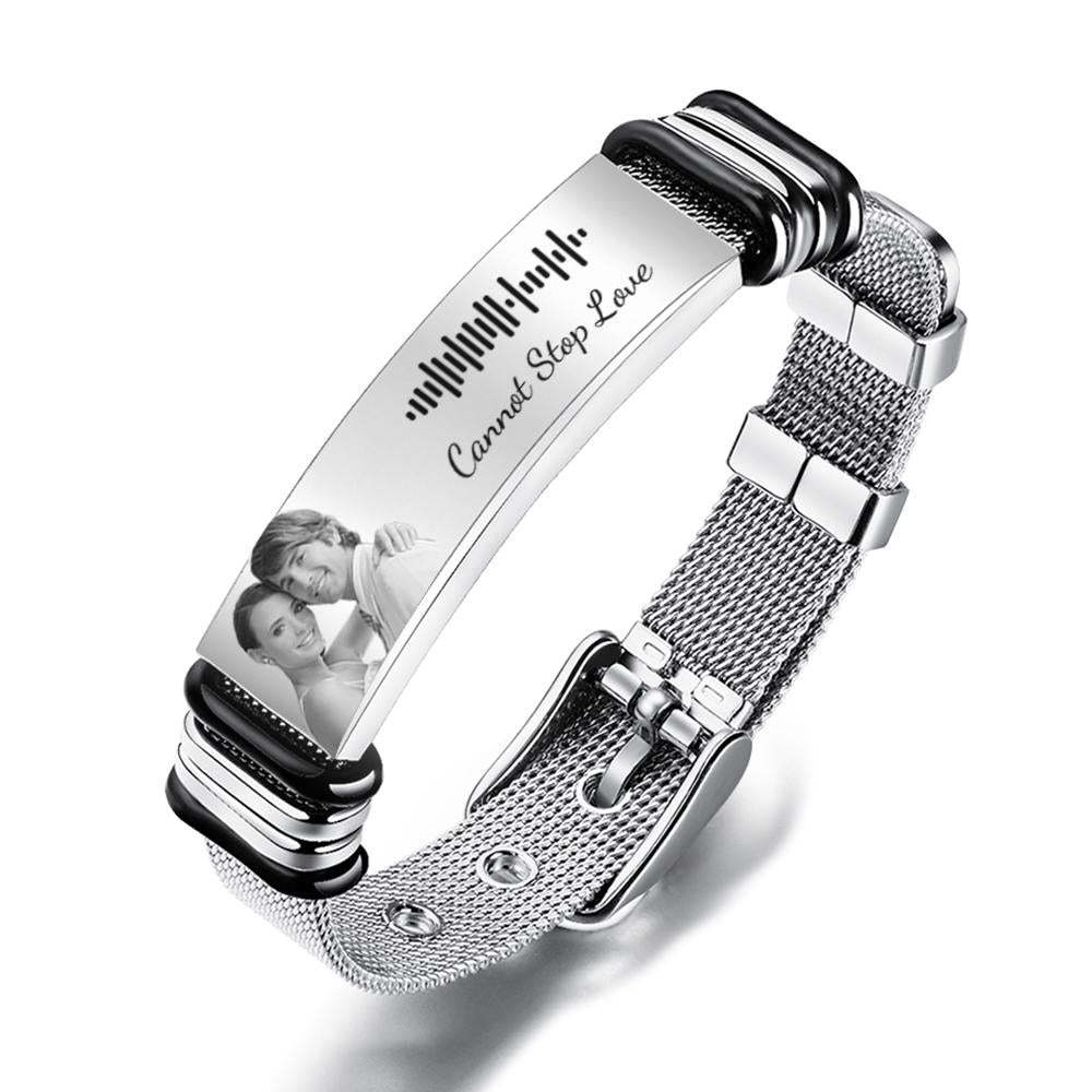 Customized Optional Photo Engraved  Music Code Stainless Steel Bracelet Best Gifts For Men Gifts For Couples - soufeelus