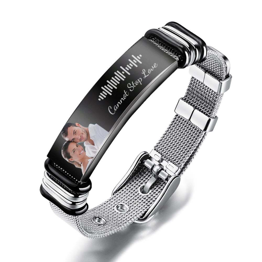 Customized Optional Photo Engraved  Music Code Stainless Steel Bracelet Best Gifts For Men Gifts For Couples