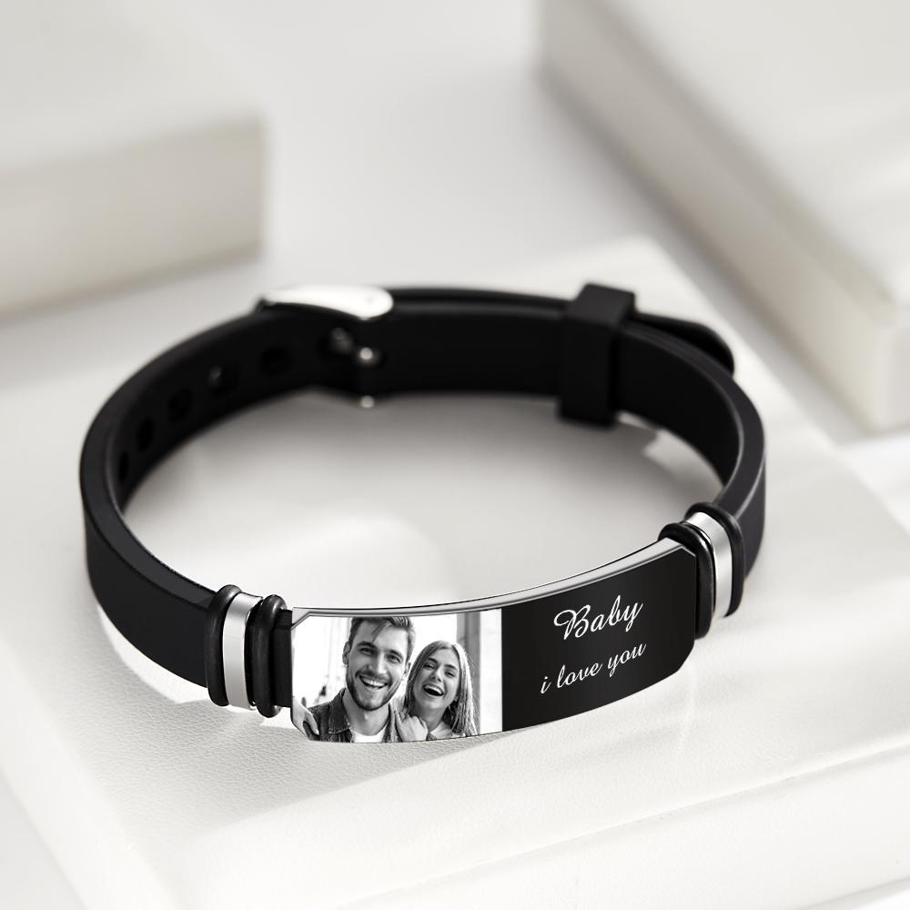 Custom Men's Photo Engraved Bracelet Wedding Gift For Anniversary Newly Married Couple Personalized Bracelet Black Filter And Color Printing Style - soufeelus