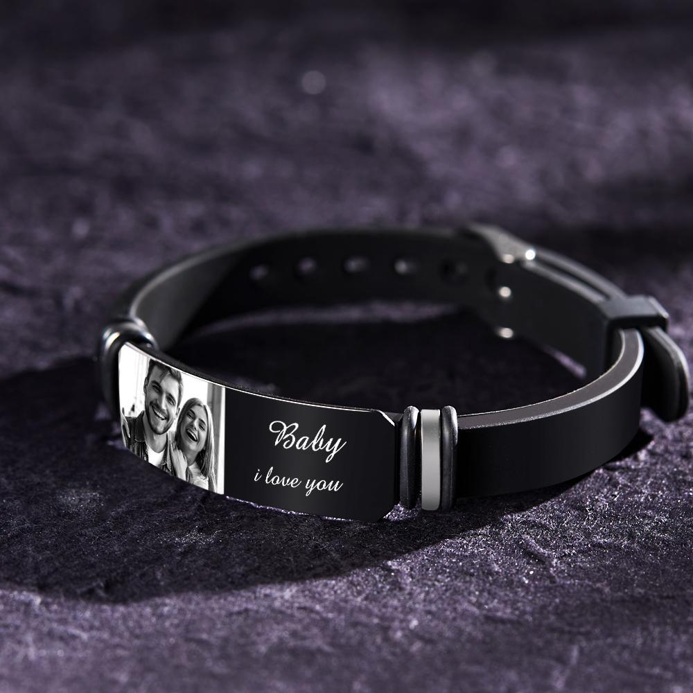 Custom Men's Photo Engraved Bracelet Wedding Gift For Anniversary Newly Married Couple Personalized Bracelet Black Filter And Color Printing Style - soufeelus
