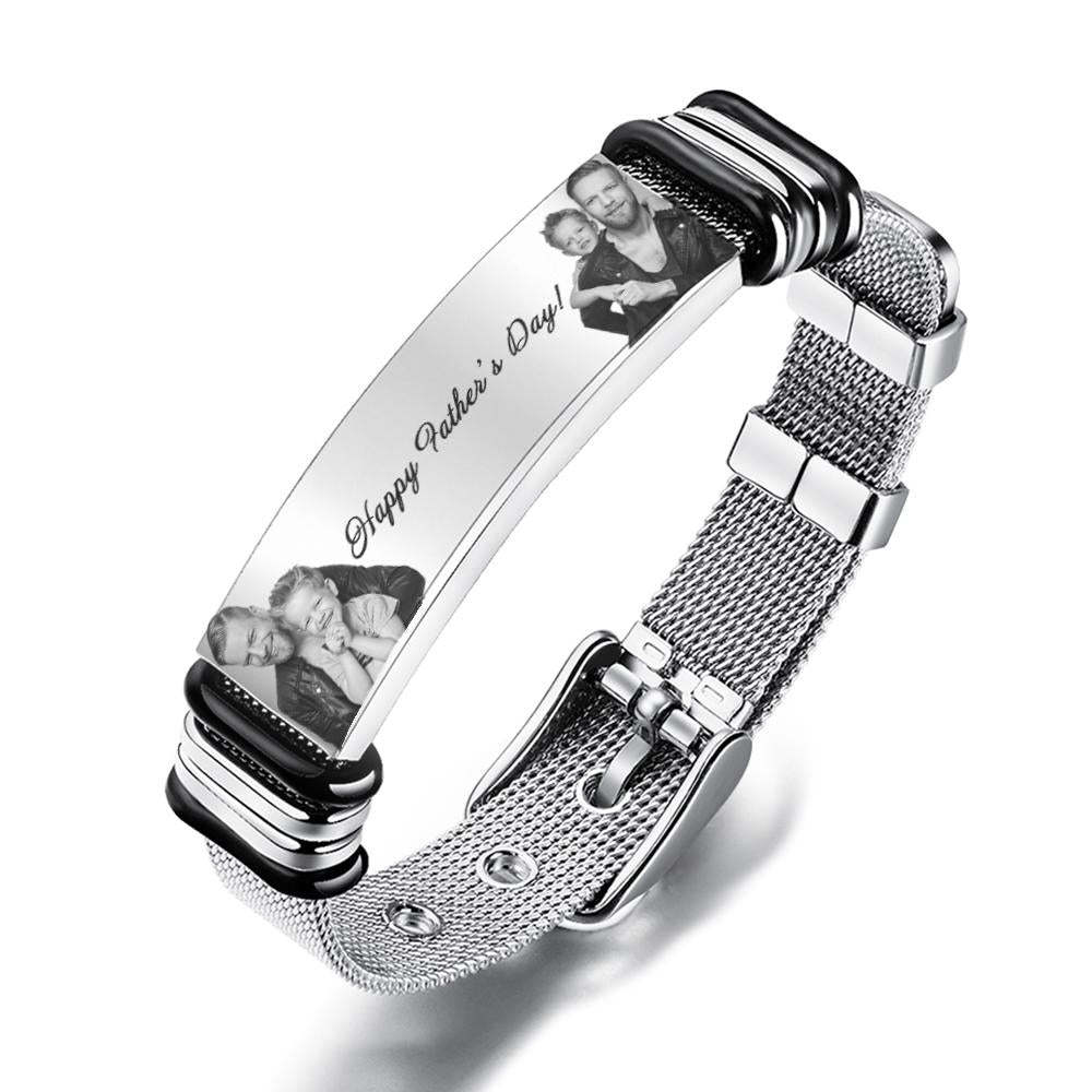 Customized Optional Photo Engraved Spotify Code Stainless Steel Bracelet Best Gifts For Dads On Father's Day