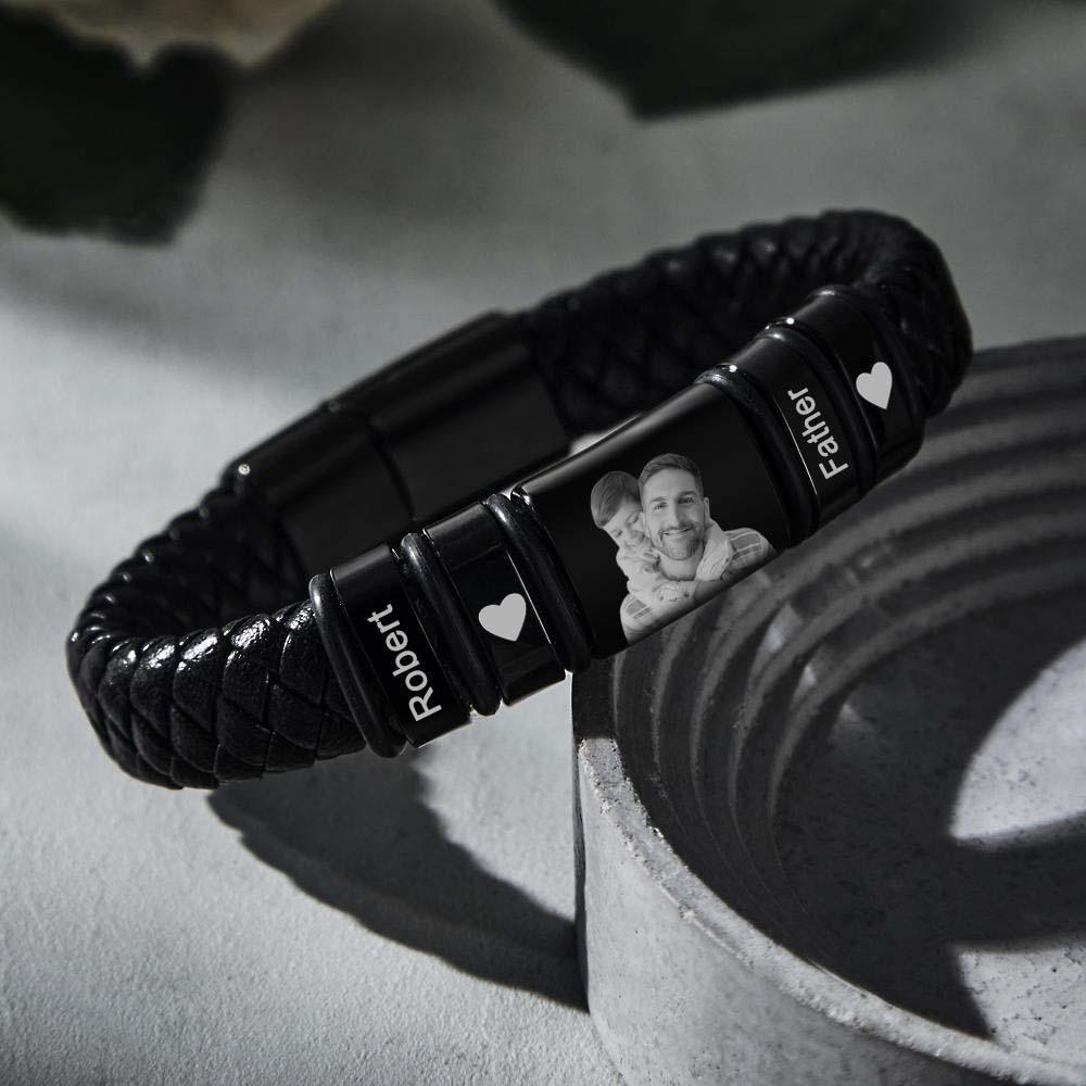 Custom Photo Engraved Bracelet Personalized Leather Men's Bracelet Father's Day Gift For Dad - soufeelus