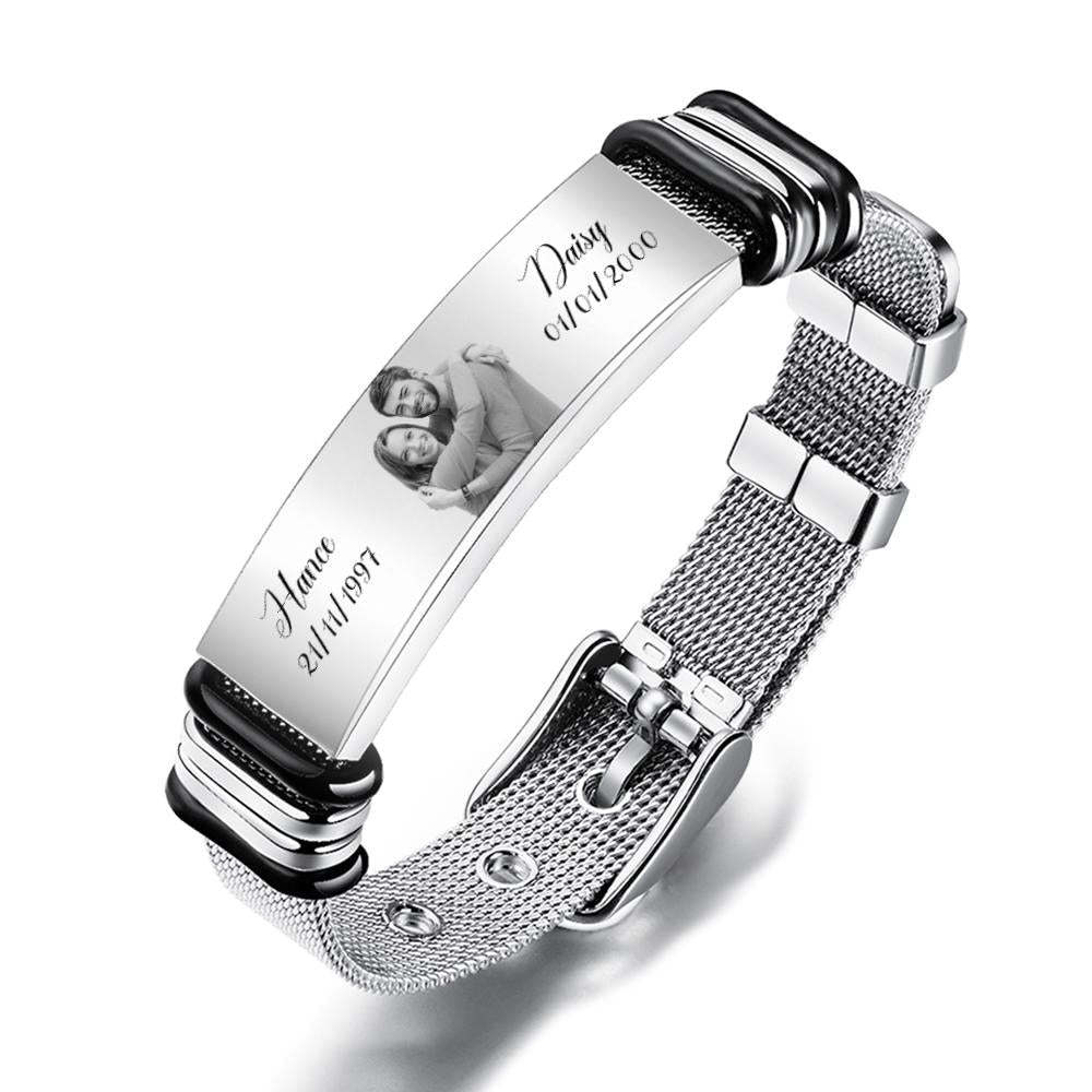 Custom Stainless Steel Mens Bracelet With Two Custom Date And Name Photo Engraved Black Filter Best Gifts For Couples - soufeelus