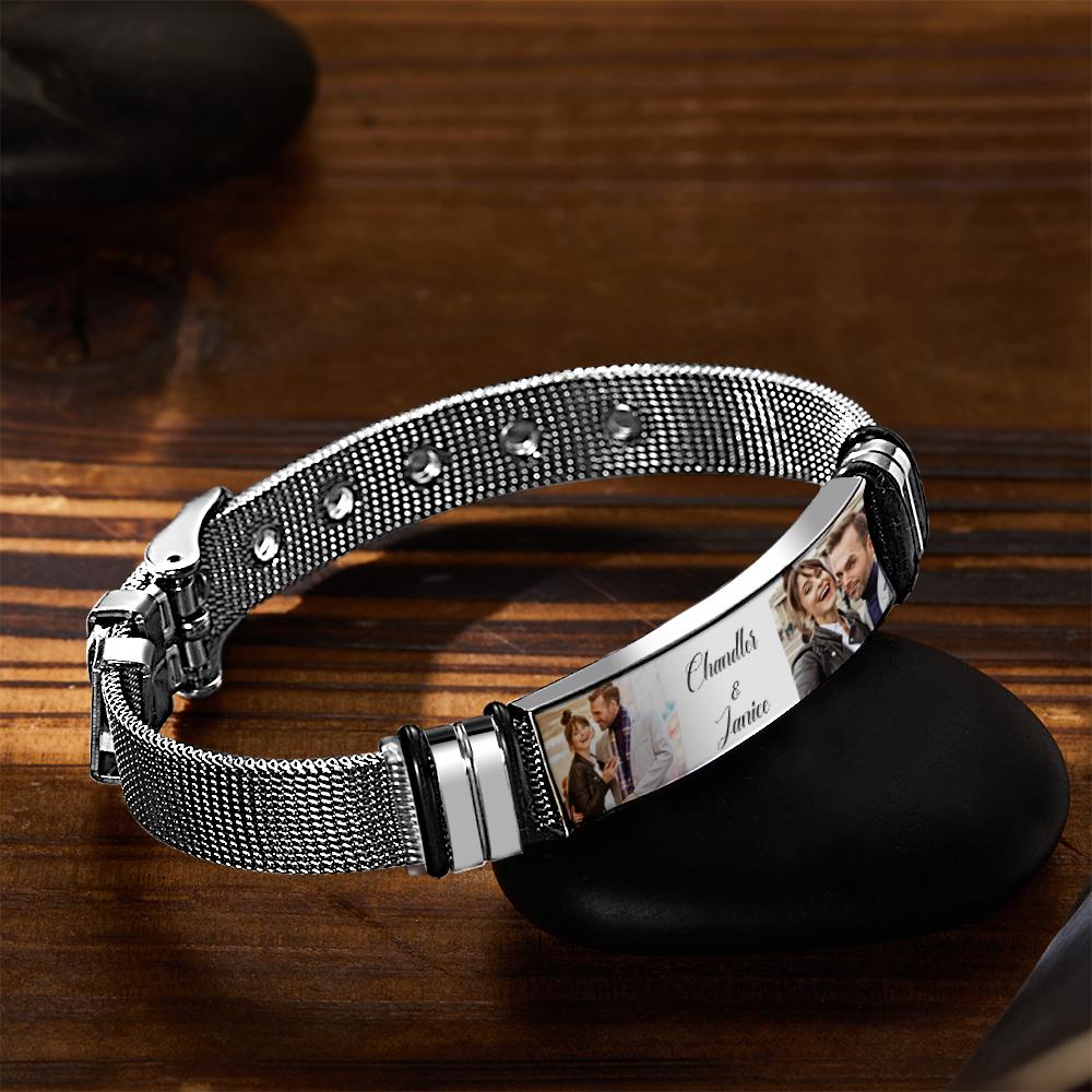 Custom Stainless Steel Mens Bracelet With Two Photo And Engraved Words Best Gifts For Lovers On Valentine's Day detail