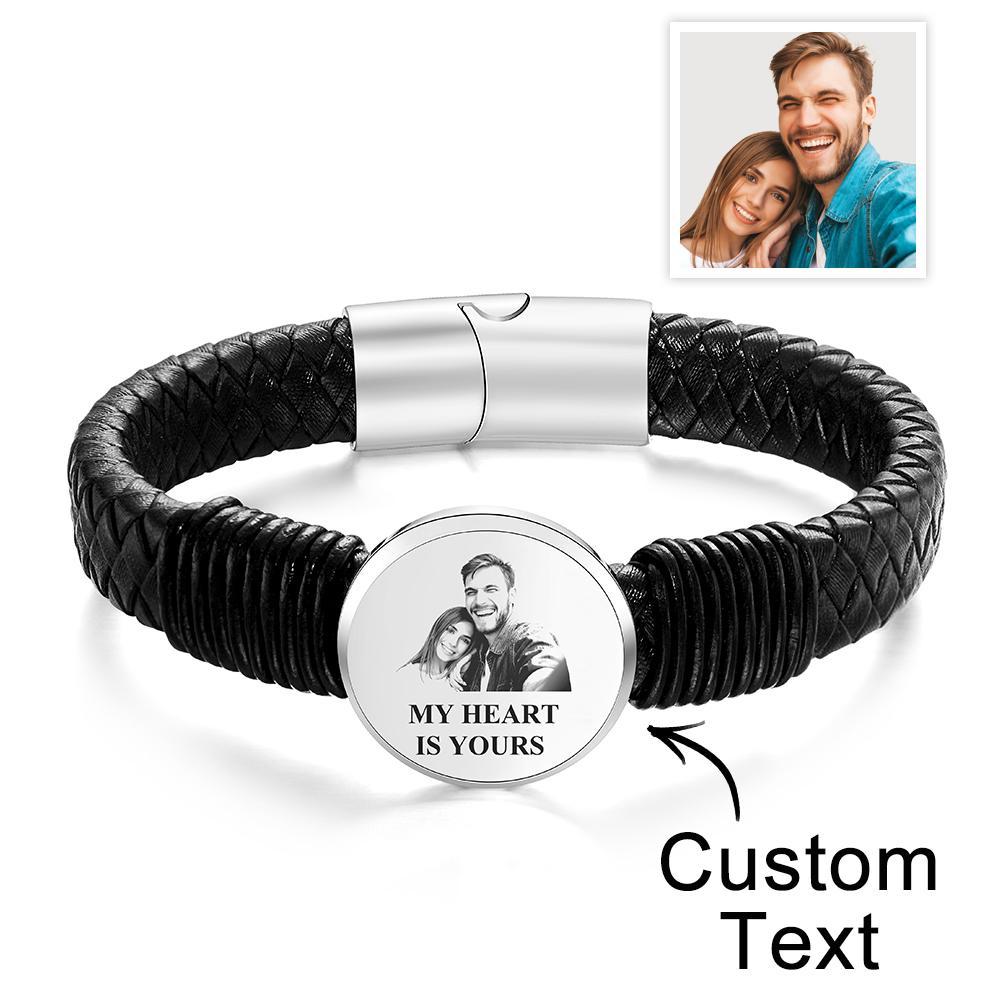 Personalized Photo Leather Wide Bracelet Engraved Unique Bracelet Gifts For Him - soufeelus