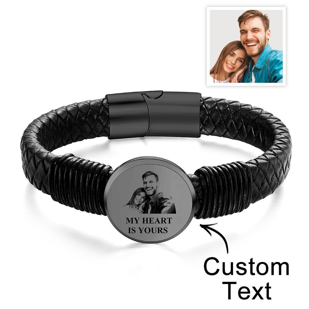Personalized Photo Leather Wide Bracelet Engraved Unique Bracelet Gifts For Him - soufeelus