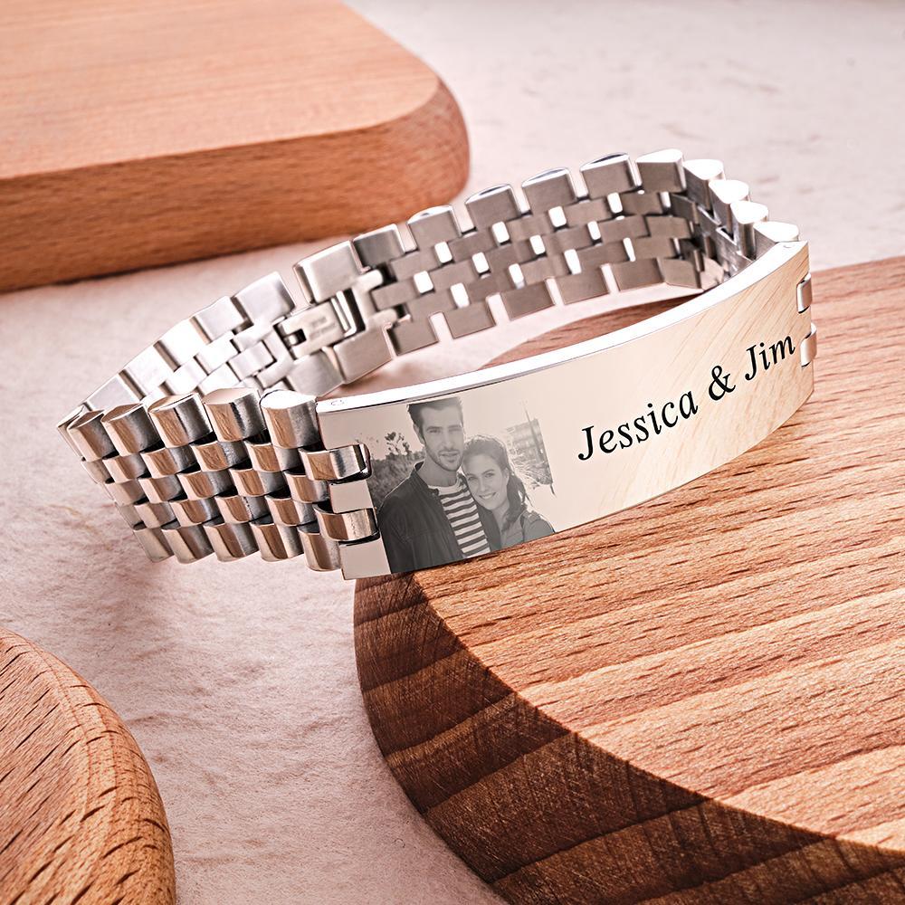 Personalized Photo Wide Bracelet With Text Engraved Vintage Bracelet Gifts For Him - soufeelus
