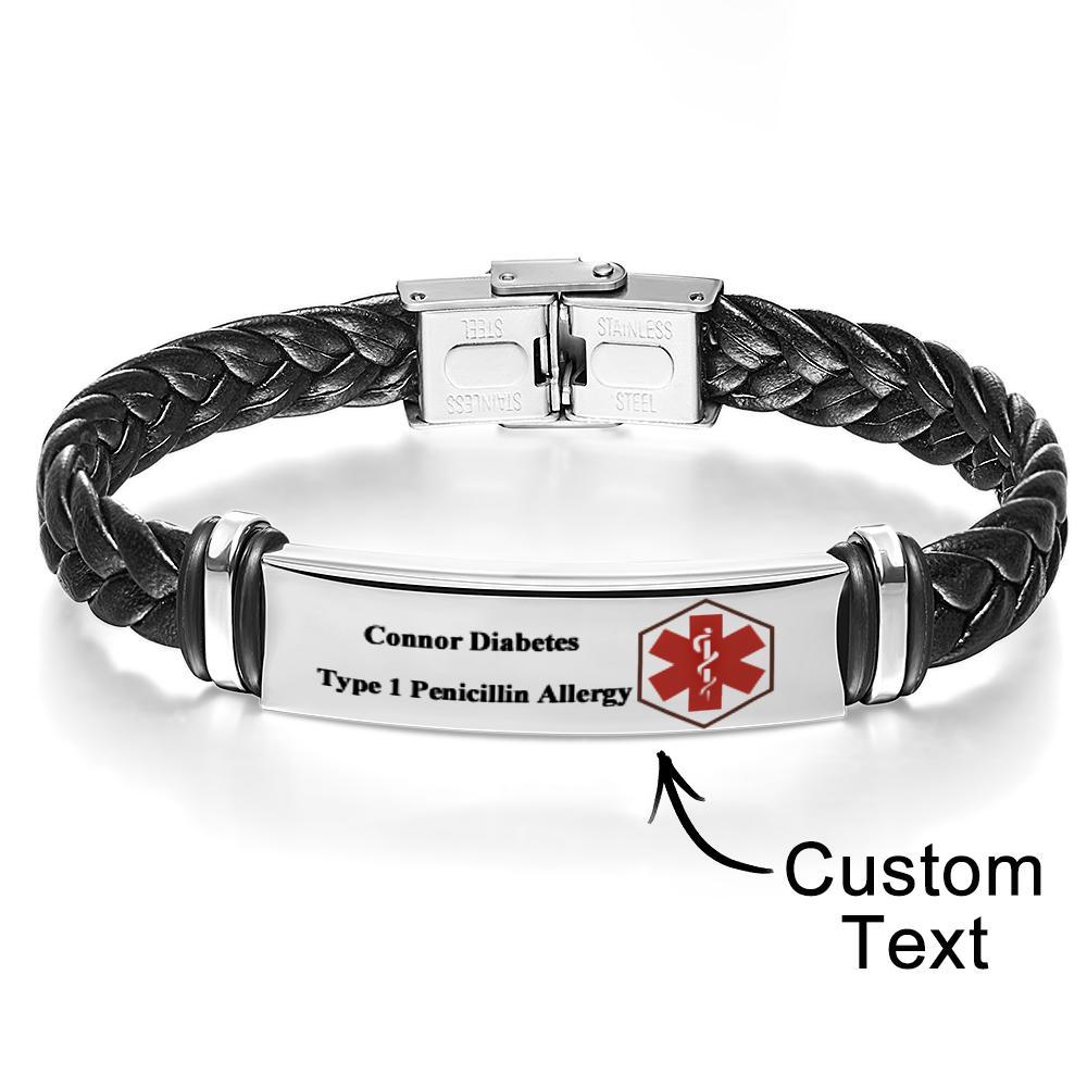 Medical Alert Leather Bracelet | Free Custom Personalized Engraving Jewelry Emergency Contact SOS Medic ID Name Waterproof Unisex - soufeelus