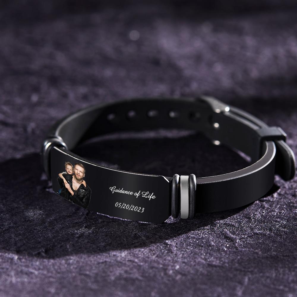 Custom Men's Photo Engraved Black Bracelet For Him Personalized Bracelet For Men Perfect Gift For Father's Day detail