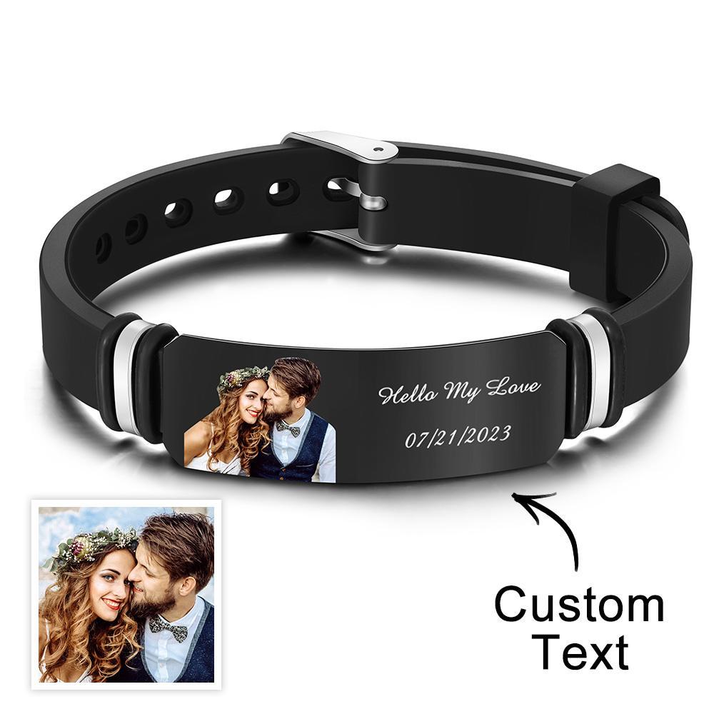 Custom Men's Photo Engraved  Bracelet Wedding Gift For Anniversary Newly Married Couple Personalized Bracelet Black Filter And Color Printing Style