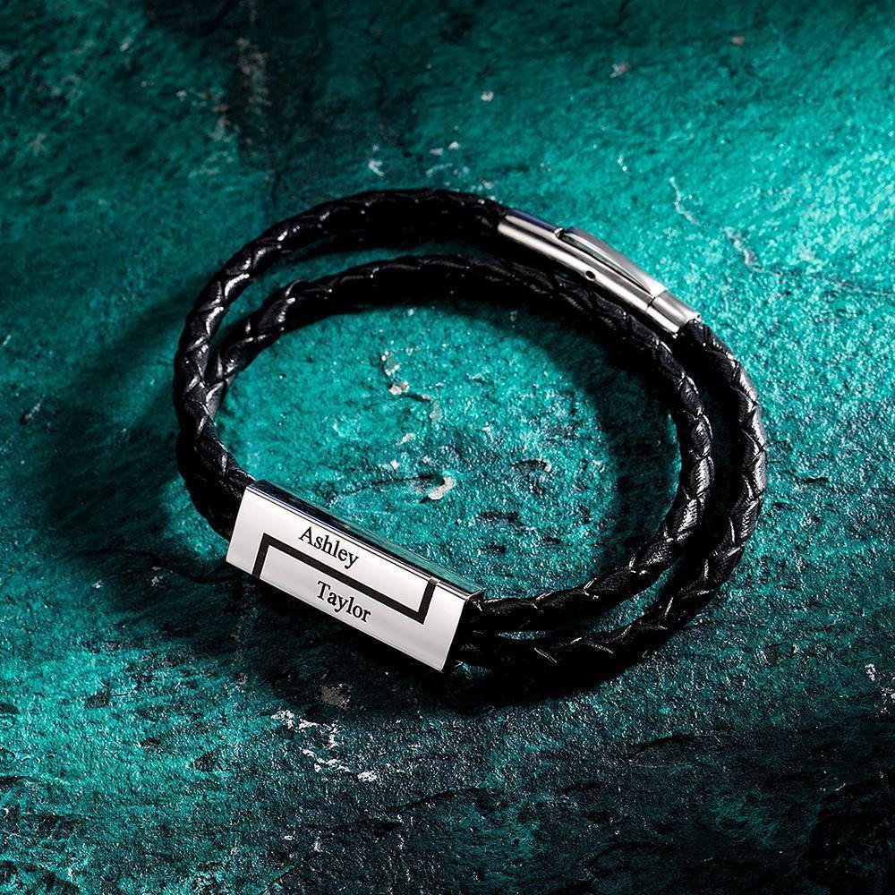 Men's Leather Bracelet Personalised Leather Wrap Bracelet, Engraved Name Bracelet Couple's Gifts - soufeelus